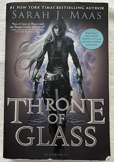 Throne of Glass 
                    cover portraying a female assasin with long white hair and 
                    two weapons